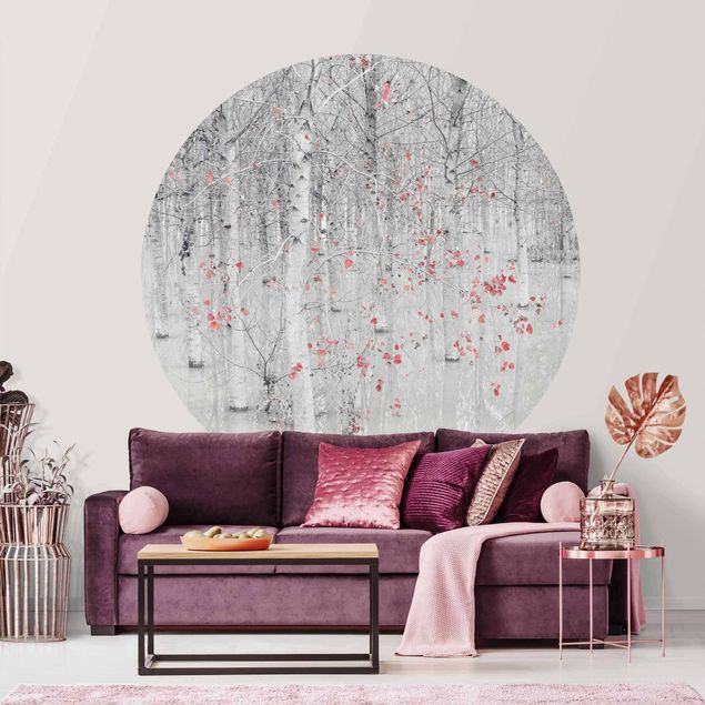 Self-adhesive round wallpaper - Birch Tree Forest With Light Pink Leaves