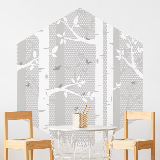 Hexagonal wallpapers Birch Forest With Butterflies And Birds