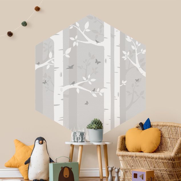 Self-adhesive hexagonal pattern wallpaper - Birch Forest With Butterflies And Birds