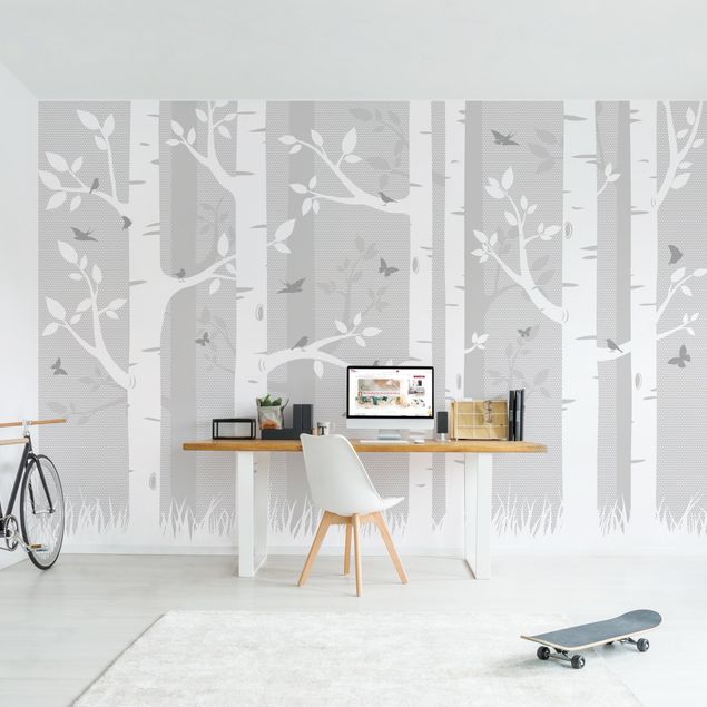 Wallpaper - Birch Forest With Butterflies And Birds