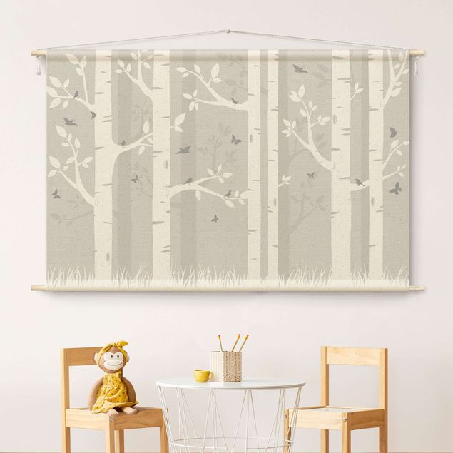 modern tapestry Birch Forest With Butterflies And Birds