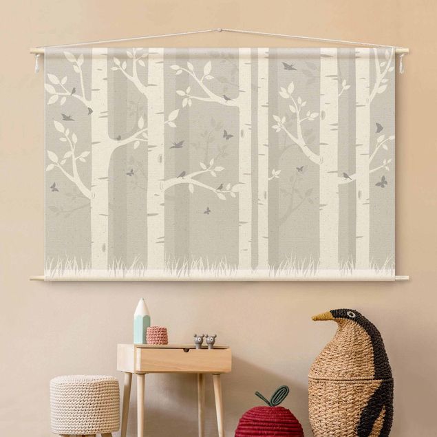tapestry nature Birch Forest With Butterflies And Birds