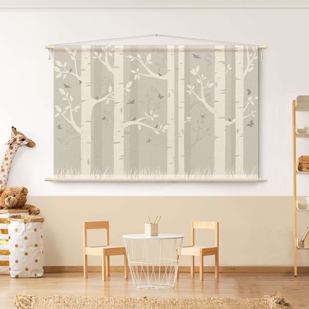 forest tapestry Birch Forest With Butterflies And Birds