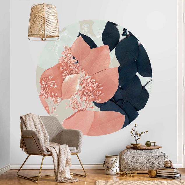 Self-adhesive round wallpaper - Leaves Indigo & Rouge III