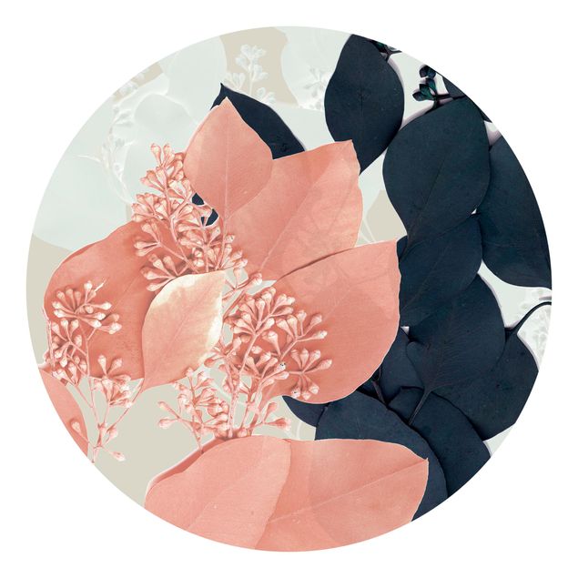 Self-adhesive round wallpaper - Leaves Indigo & Rouge III