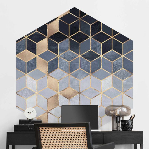 Hexagonal wallpapers Blue White Golden Geometry