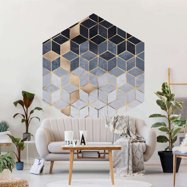 Self-adhesive hexagonal pattern wallpaper - Blue White Golden Geometry