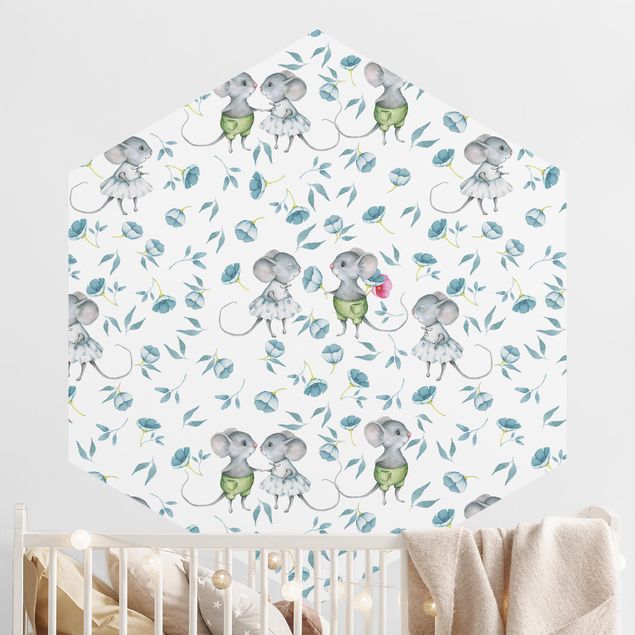 Hexagonal wall mural Blue Flowers With Mice