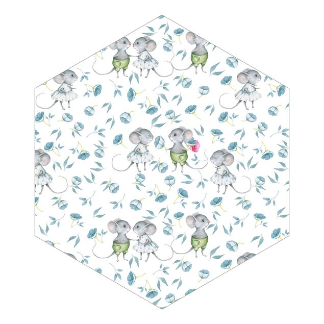 Self-adhesive hexagonal pattern wallpaper - Blue Flowers With Mice