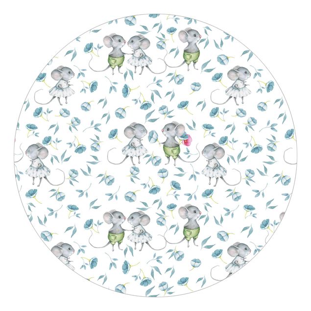Self-adhesive round wallpaper kids - Blue Flowers With Mice