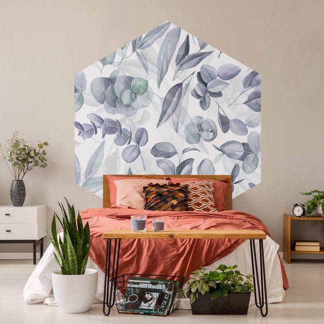 Self-adhesive hexagonal pattern wallpaper - Blue Watercolour Eucalyptus Leaves
