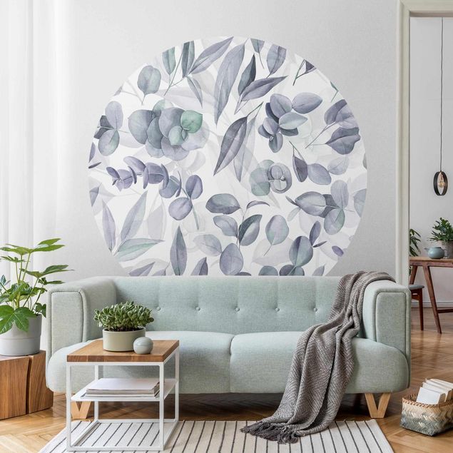Self-adhesive round wallpaper - Blue Watercolour Eucalyptus Leaves