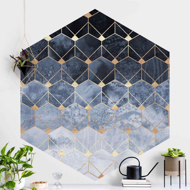 Self-adhesive hexagonal wall mural Blue Geometry Golden Art Deco