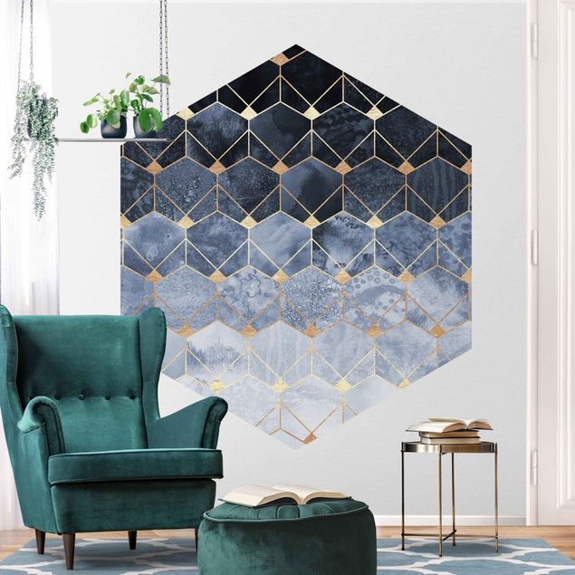 Self-adhesive hexagonal pattern wallpaper - Blue Geometry Golden Art Deco