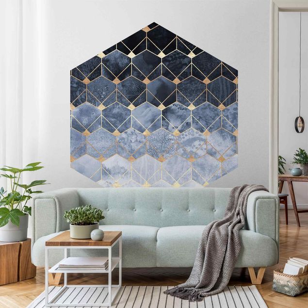Self-adhesive hexagonal pattern wallpaper - Blue Geometry Golden Art Deco
