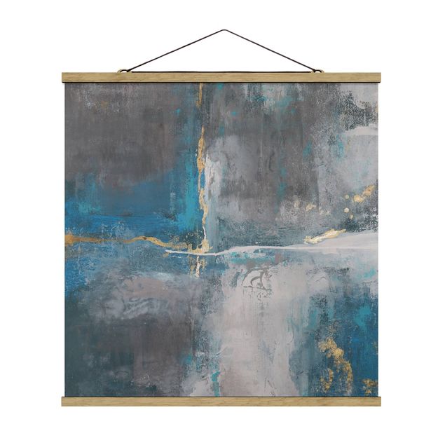Fabric print with poster hangers - Blue Structure With Golden Accents - Square 1:1