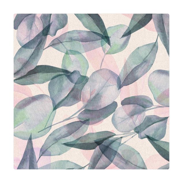 Cork mat - Blue And Pink Eucalyptus Leaves Watercolour  - Square 1:1