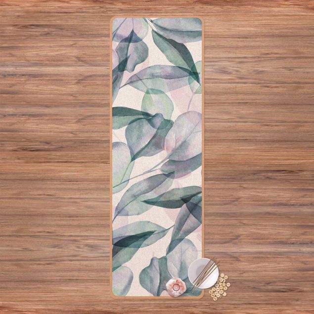 Yoga mat - Blue And Pink Eucalyptus Leaves Watercolour