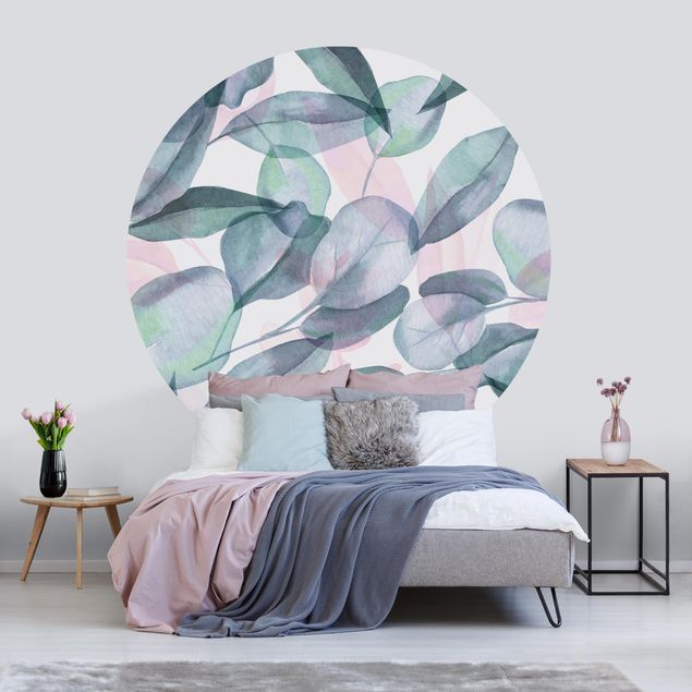 Self-adhesive round wallpaper - Blue And Pink Eucalyptus Leaves Watercolour
