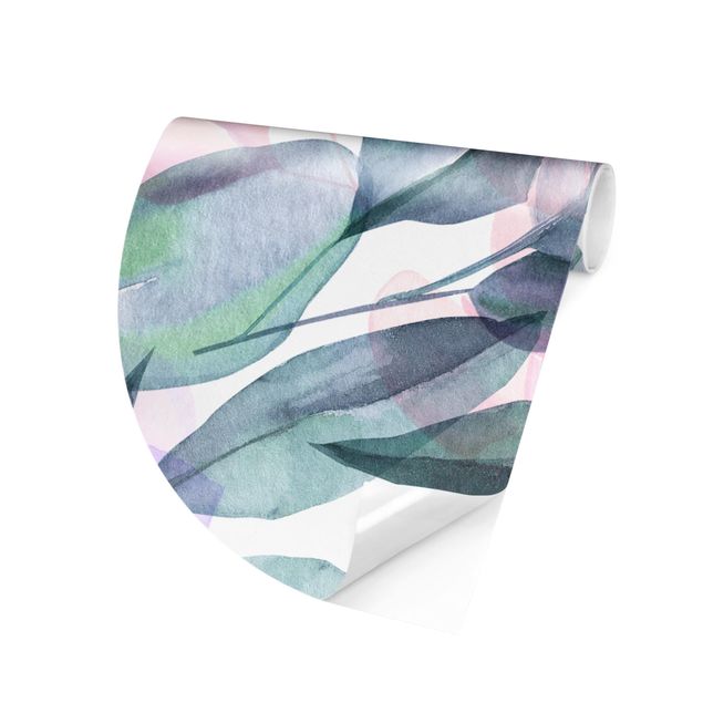 Self-adhesive round wallpaper - Blue And Pink Eucalyptus Leaves Watercolour