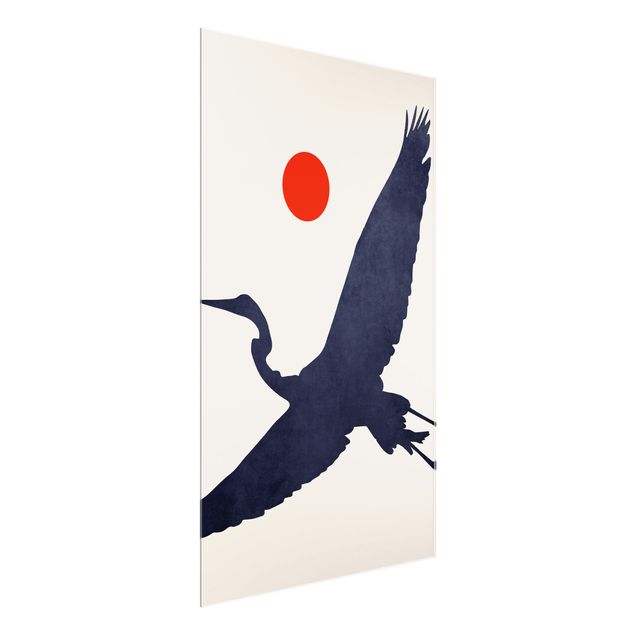 Glass print - Blue Crane In Front Of Red Sun