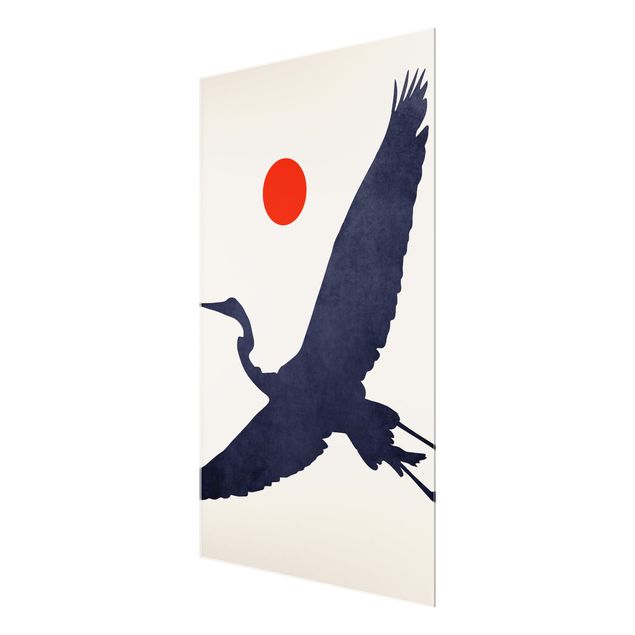 Glass print - Blue Crane In Front Of Red Sun