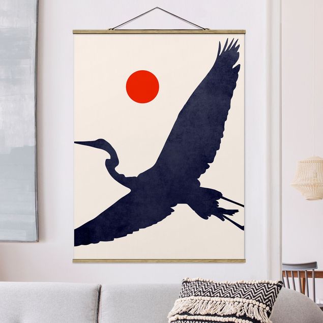 Fabric print with poster hangers - Blue Crane In Front Of Red Sun