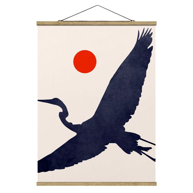 Fabric print with poster hangers - Blue Crane In Front Of Red Sun