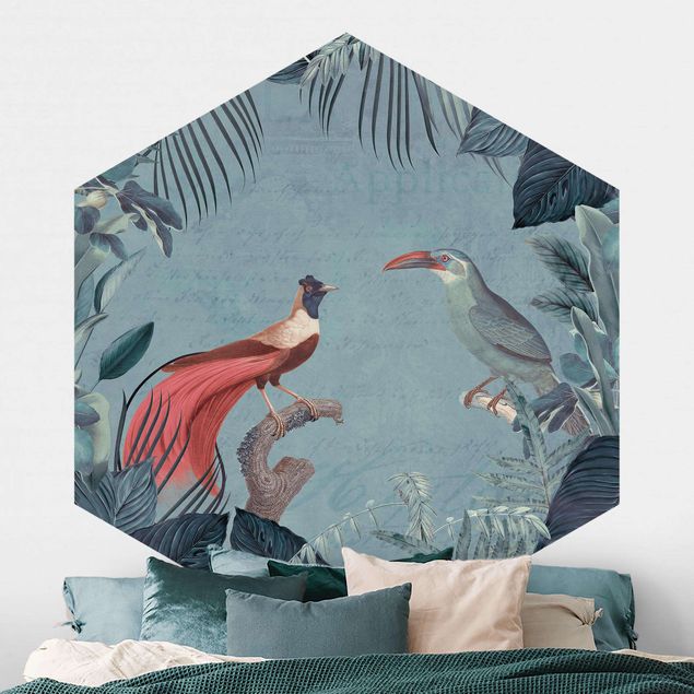 Hexagonal wall mural Blue Gray Paradise With Tropical Birds