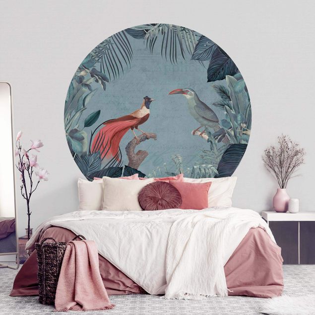 Self-adhesive round wallpaper - Blue Grey Paradise With Tropical Birds