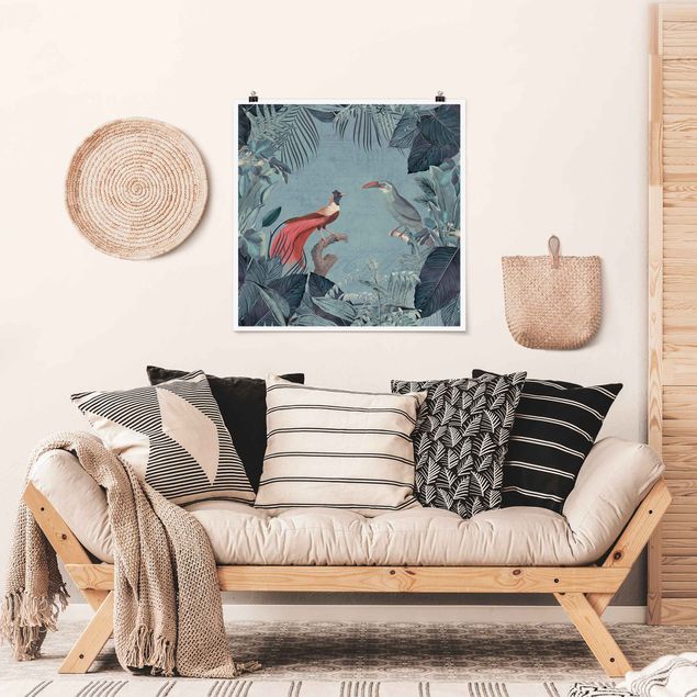 Poster - Blue Gray Paradise With Tropical Birds