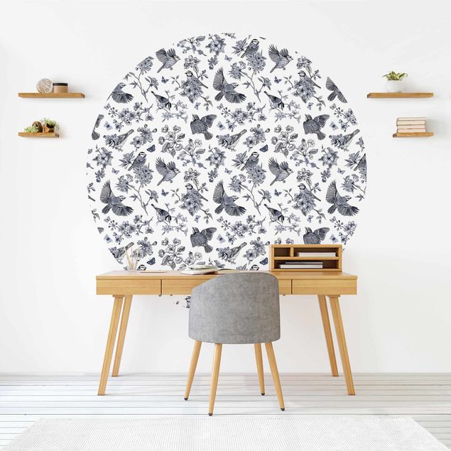 Self-adhesive round wallpaper - Blue Tits In Blue Black