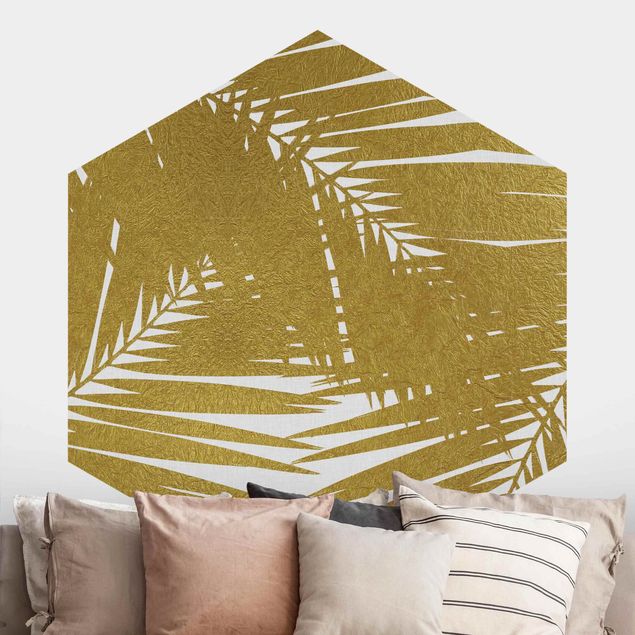 Self-adhesive hexagonal wall mural View Through Golden Palm Leaves