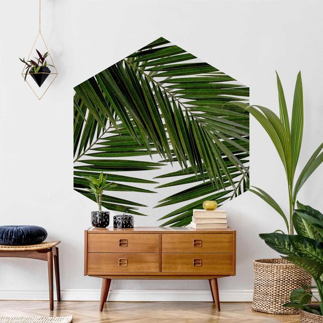 Self-adhesive hexagonal pattern wallpaper - View Through Green Palm Leaves