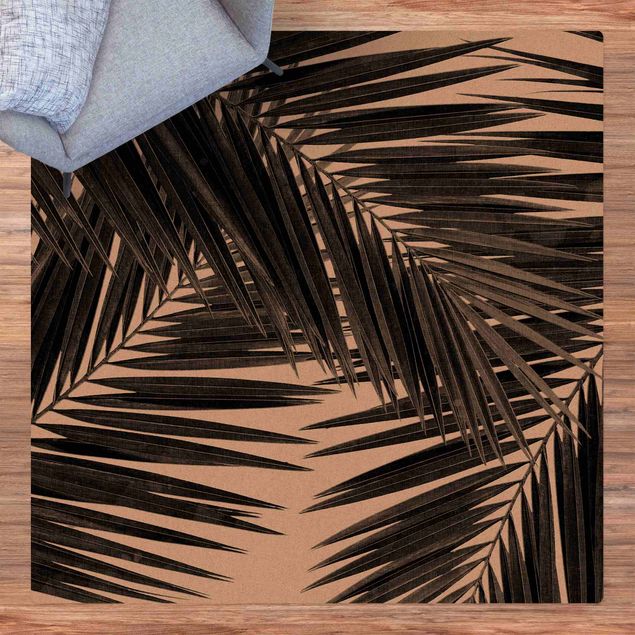Cork mat - View Through Palm Leaves Black And White - Square 1:1