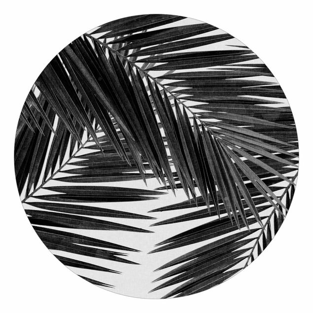 Self-adhesive round wallpaper - View Over Palm Leaves Black And White