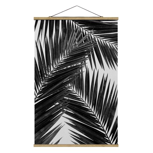 Fabric print with poster hangers - View Through Palm Leaves Black And White - Portrait format 2:3