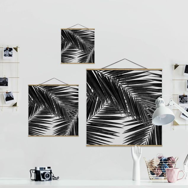 Fabric print with poster hangers - View Through Palm Leaves Black And White - Square 1:1
