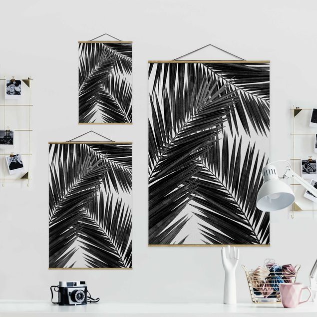 Fabric print with poster hangers - View Through Palm Leaves Black And White - Portrait format 2:3