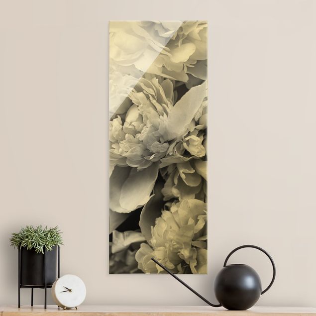 Glass print - Blossoming Peonies Black And White - Portrait format