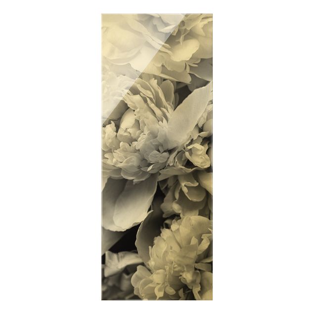 Glass print - Blossoming Peonies Black And White - Portrait format