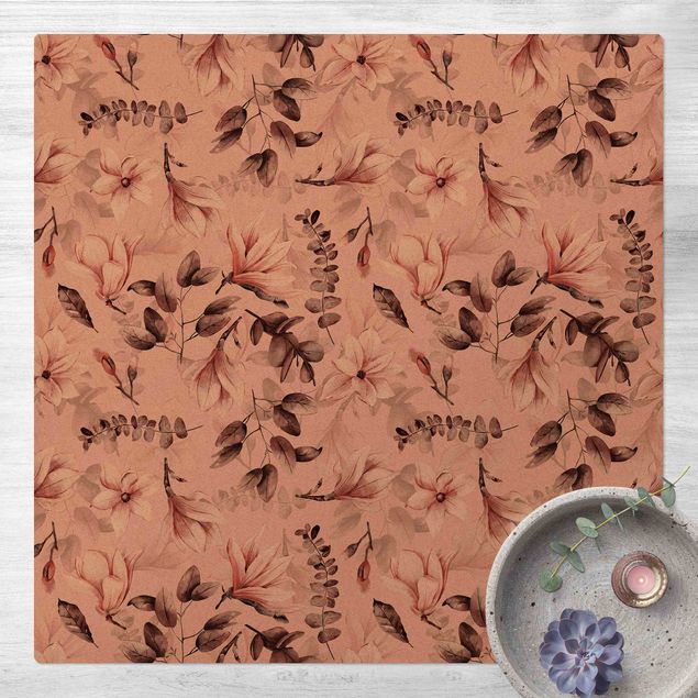 Cork mat - Blossoms With Gray Leaves In Front Of Pink - Square 1:1