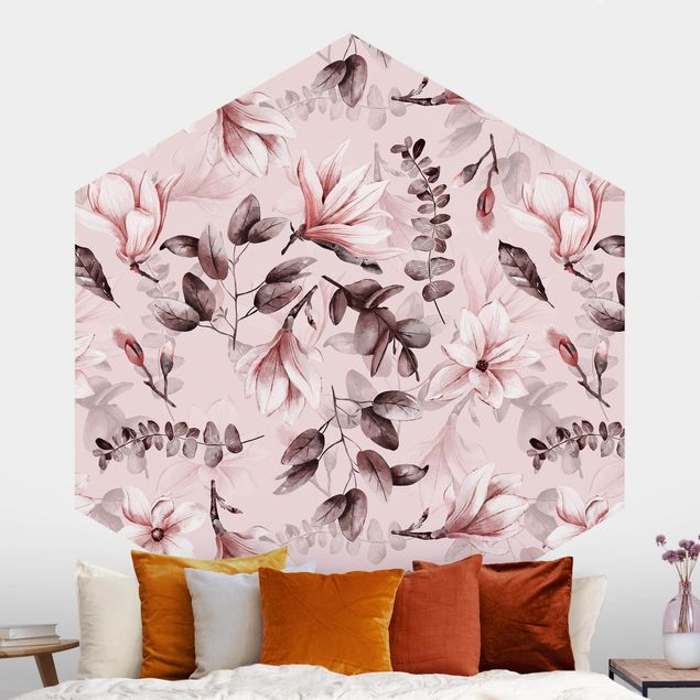 Hexagonal wallpapers Blossoms With Gray Leaves In Front Of Pink
