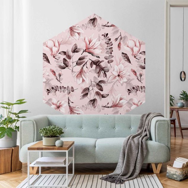 Self-adhesive hexagonal pattern wallpaper - Blossoms With Gray Leaves In Front Of Pink