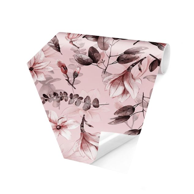 Self-adhesive hexagonal pattern wallpaper - Blossoms With Gray Leaves In Front Of Pink