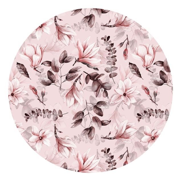 Self-adhesive round wallpaper - Blossoms With Grey Leaves In Front Of Pink