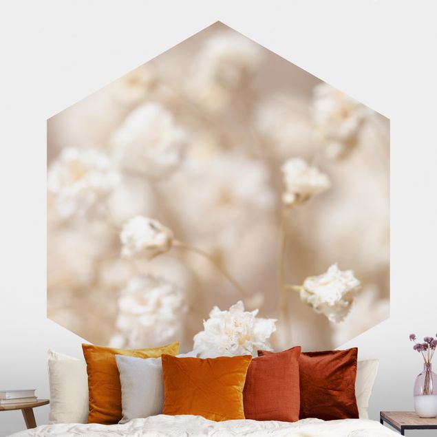 Self-adhesive hexagonal wall mural Beautiful Flowers In Cream Colour