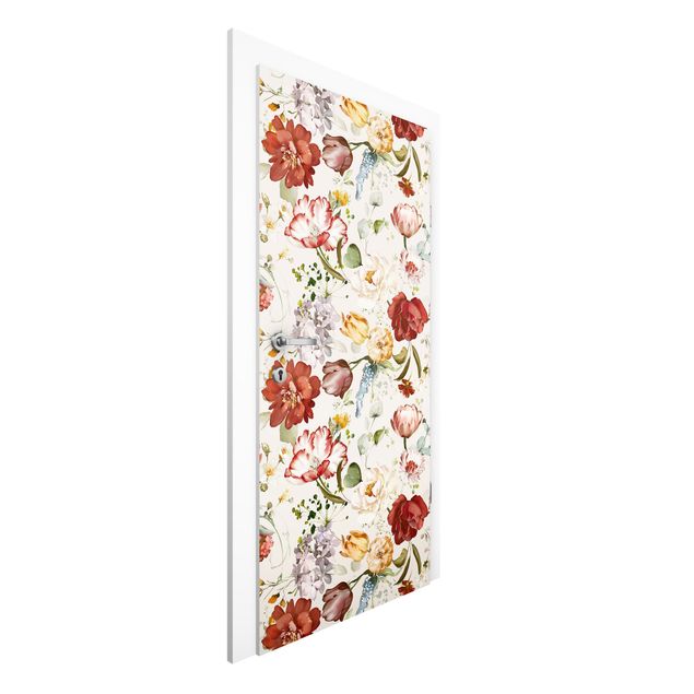 Door wallpaper - Flowers Watercolour Vintage Pattern on Beige