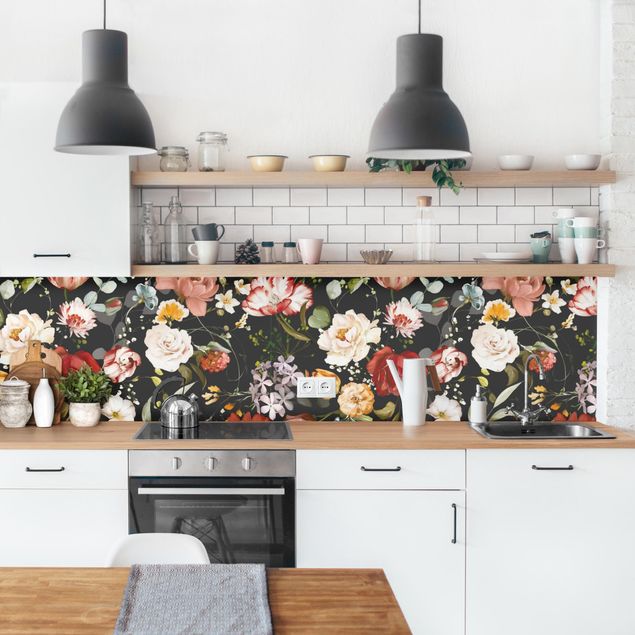 Kitchen splashbacks Flowers Watercolour Vintage Pattern on Black