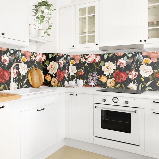 Kitchen wall cladding - Flowers Watercolour Vintage Pattern on Black